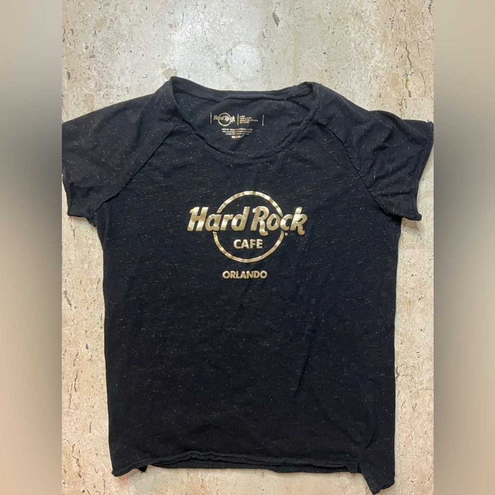 Hard Rock Cafe Orlando WOMEN'S GOLD THREAD AND FOIL LOGO TEE Size Large